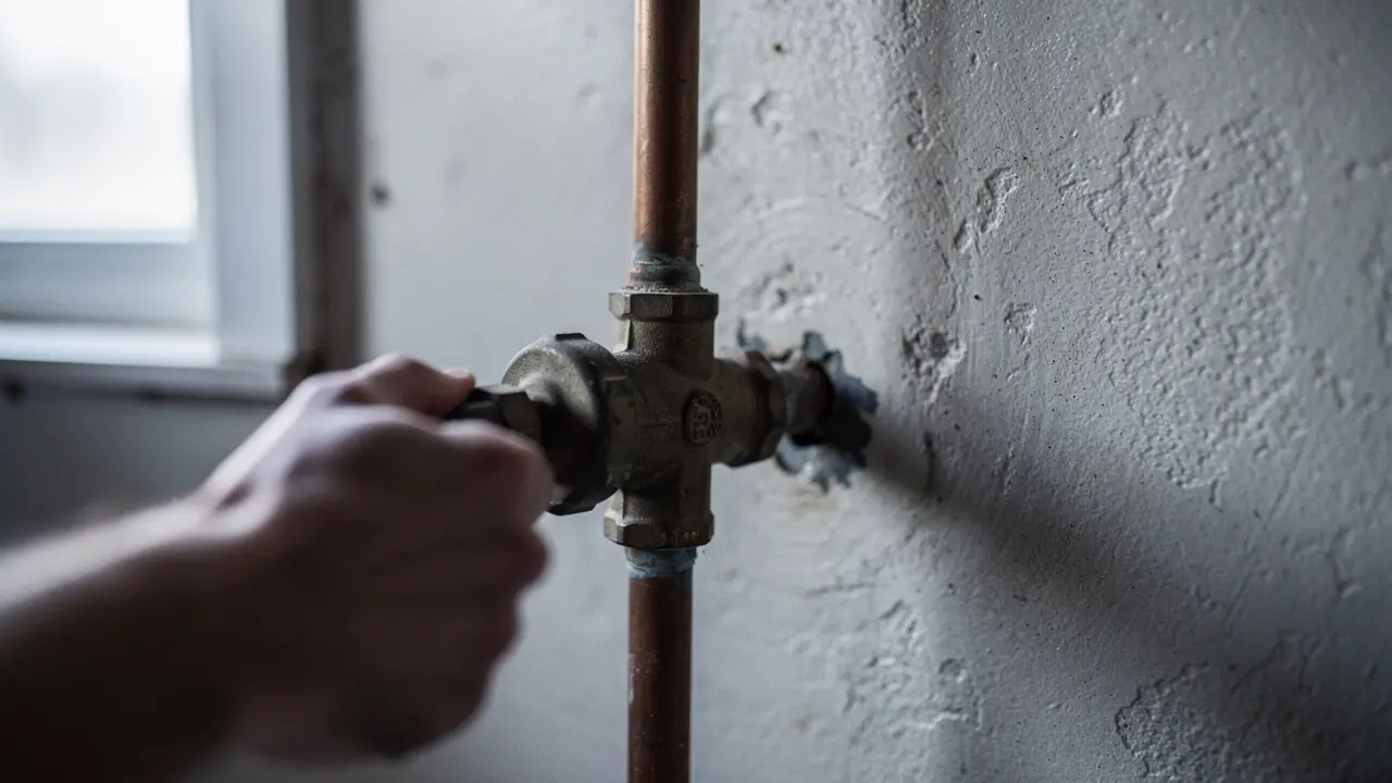 Llave de paso y tuberías de cobre en una vivienda con luz fría de invierno, mano ajustando la válvula